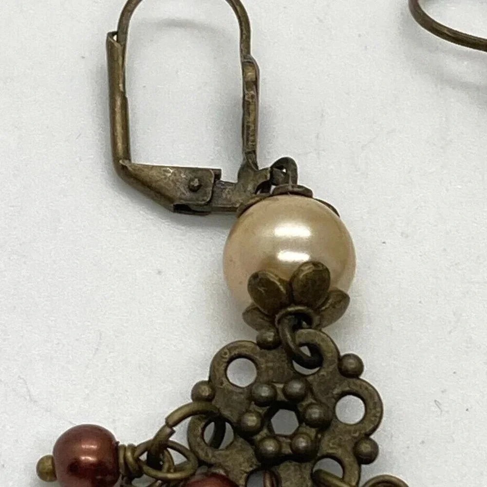 Vintage Style Dangle Earrings Pearl Bronze Brown Amber Leverback Fashion Jewelry
